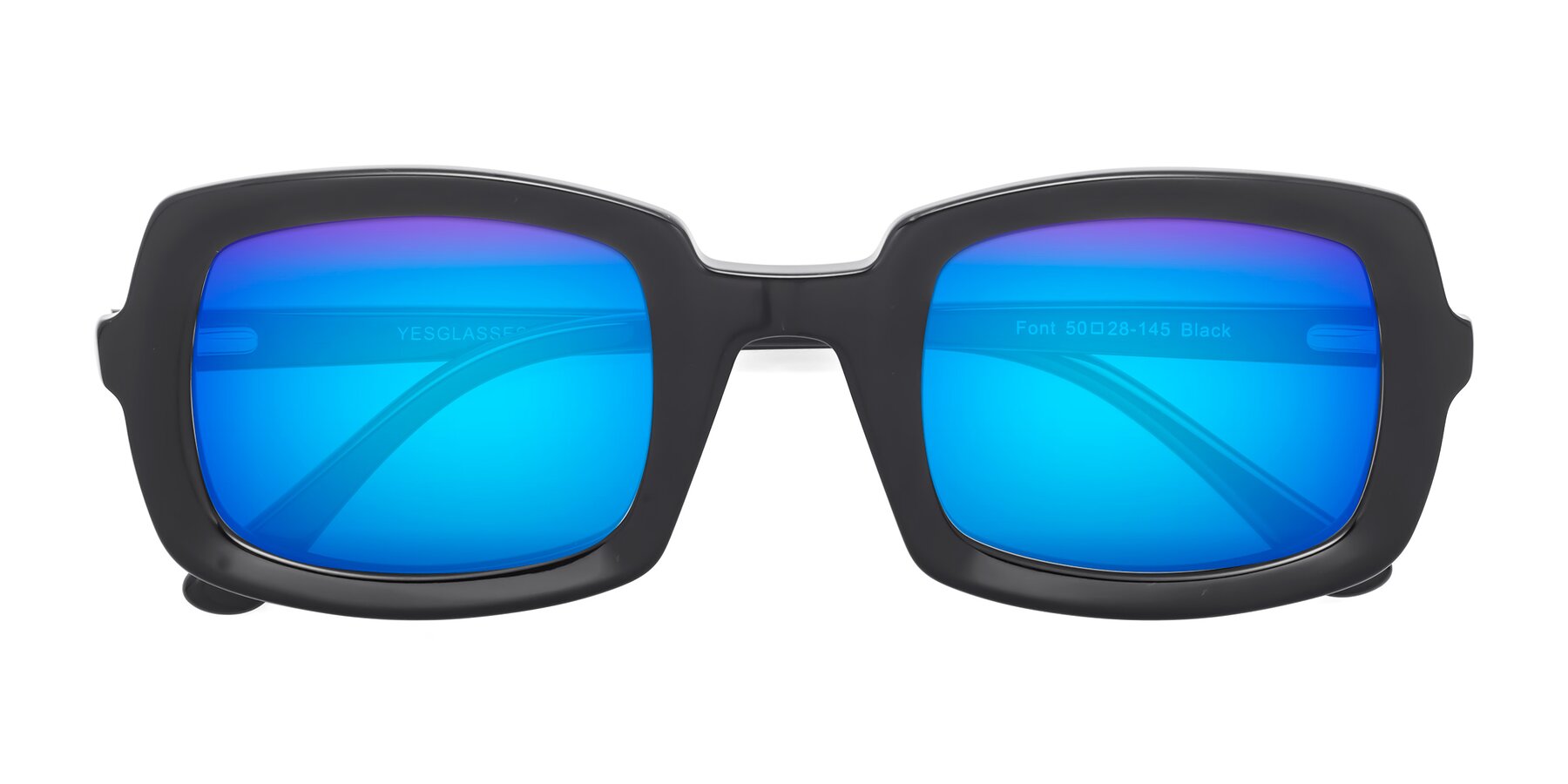 Folded Front of Font in Black with Blue Mirrored Lenses