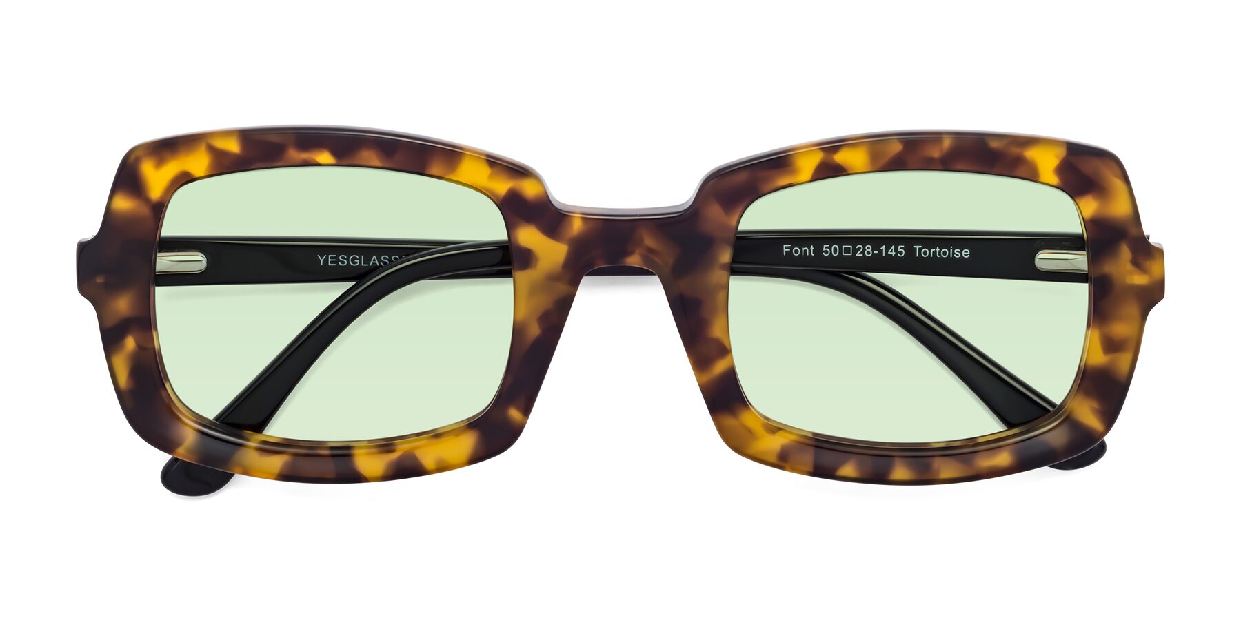 Folded Front of Font in Tortoise with Light Green Tinted Lenses