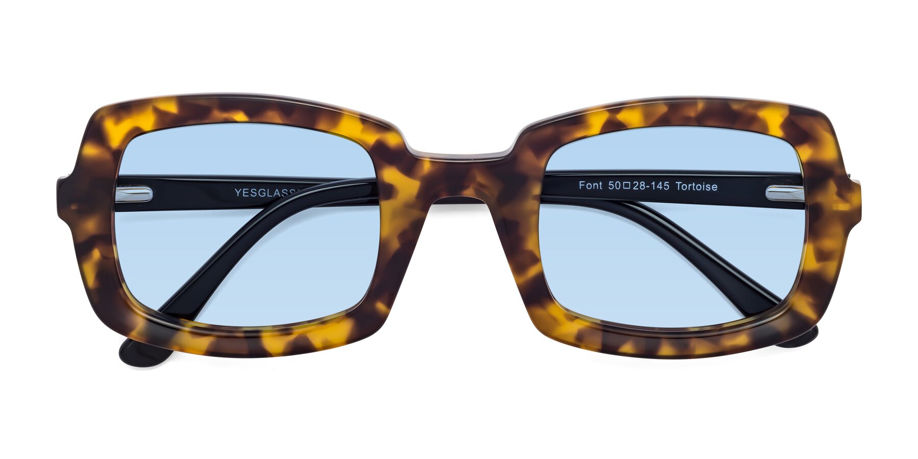 Folded Front of Font in Tortoise with Light Blue Tinted Lenses