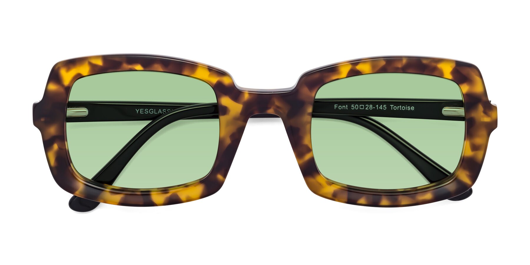 Folded Front of Font in Tortoise with Medium Green Tinted Lenses
