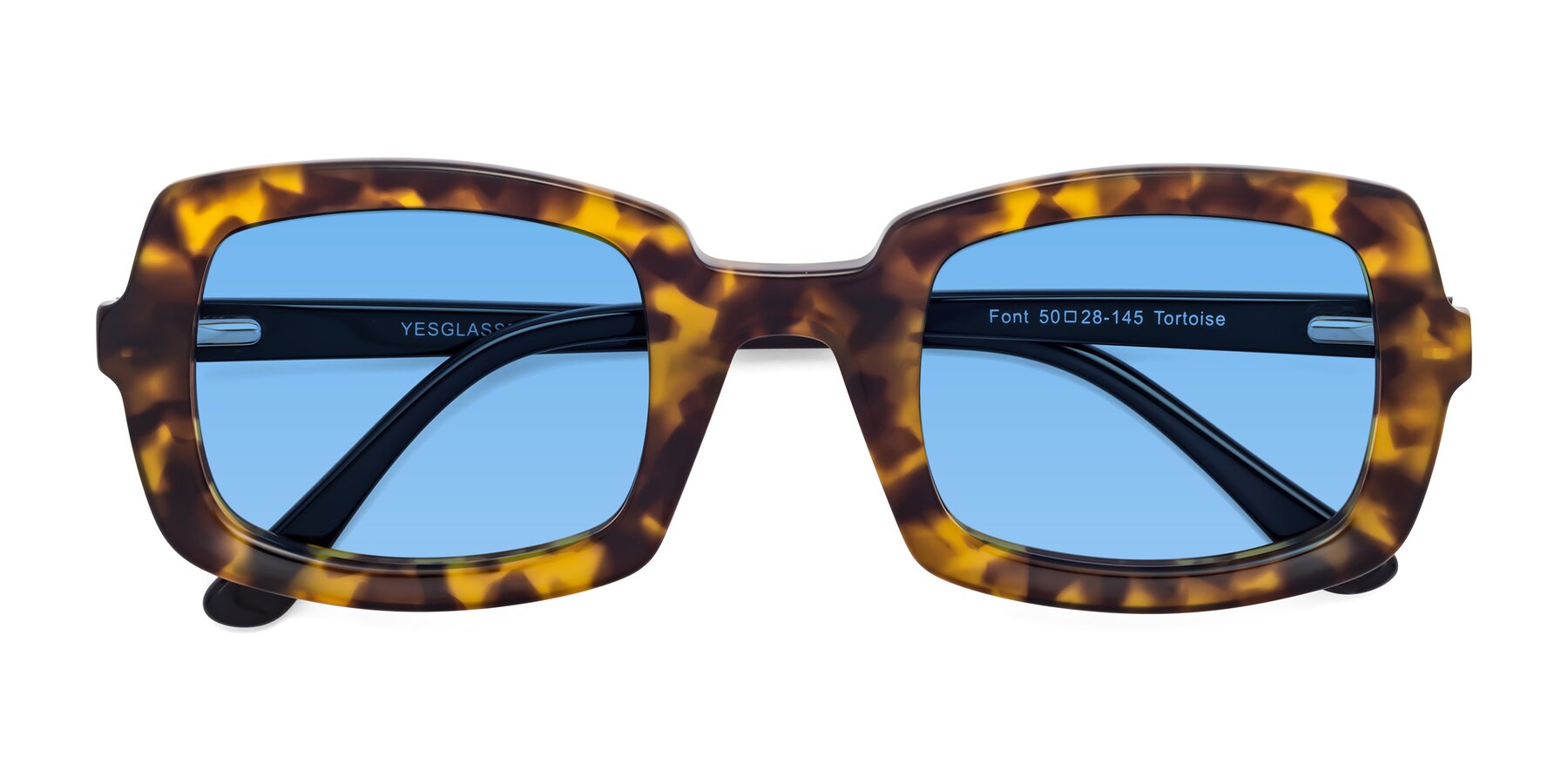 Folded Front of Font in Tortoise with Medium Blue Tinted Lenses
