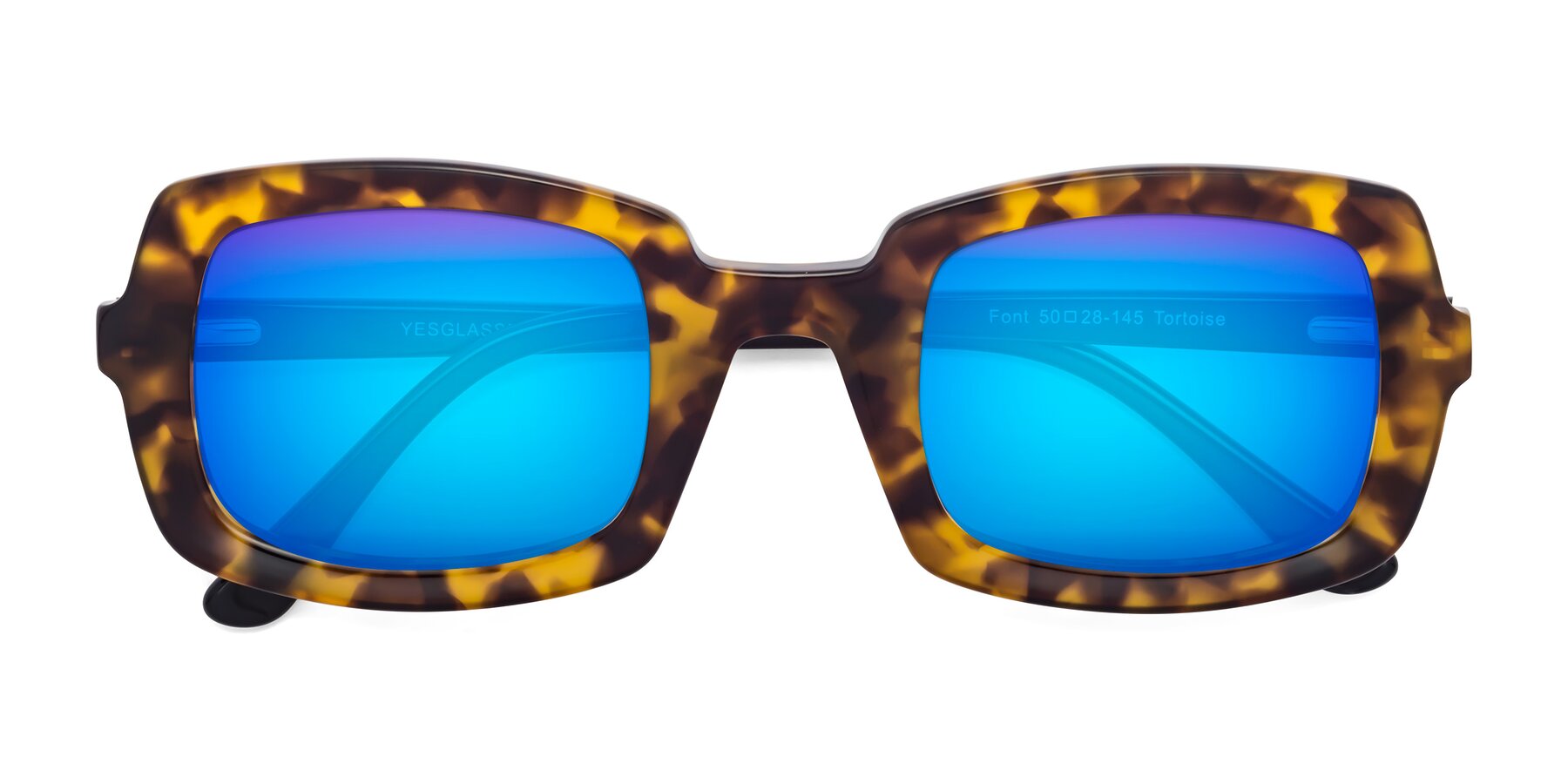 Folded Front of Font in Tortoise with Blue Mirrored Lenses