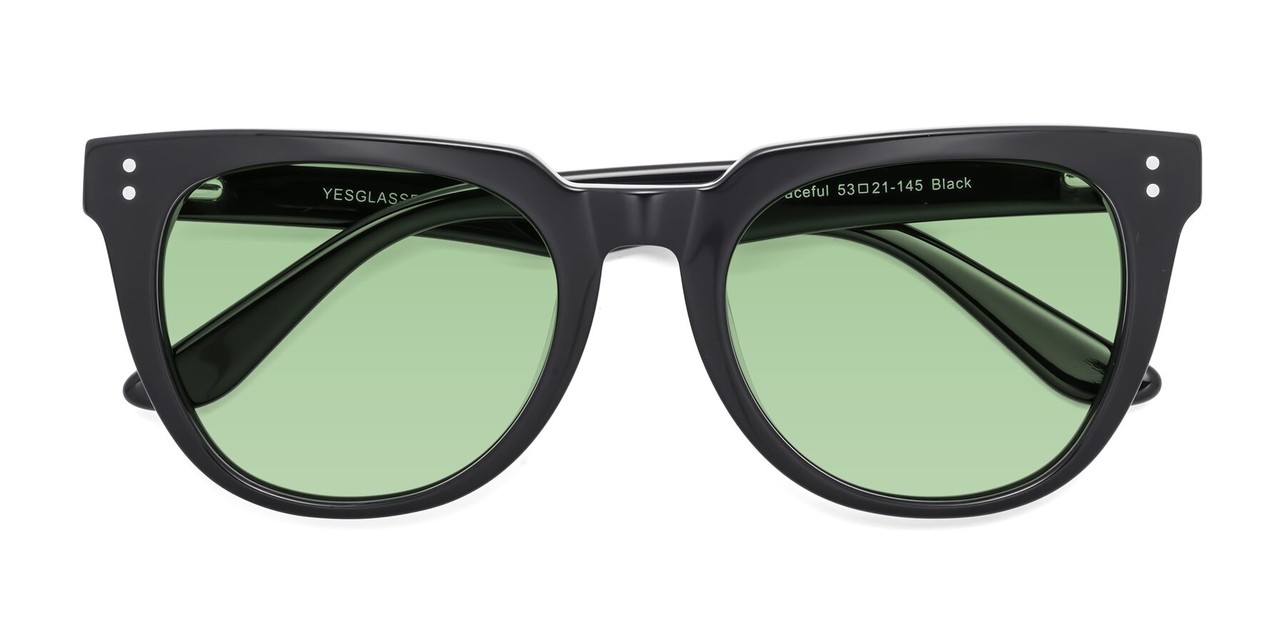 Folded Front of Graceful in Black with Medium Green Tinted Lenses