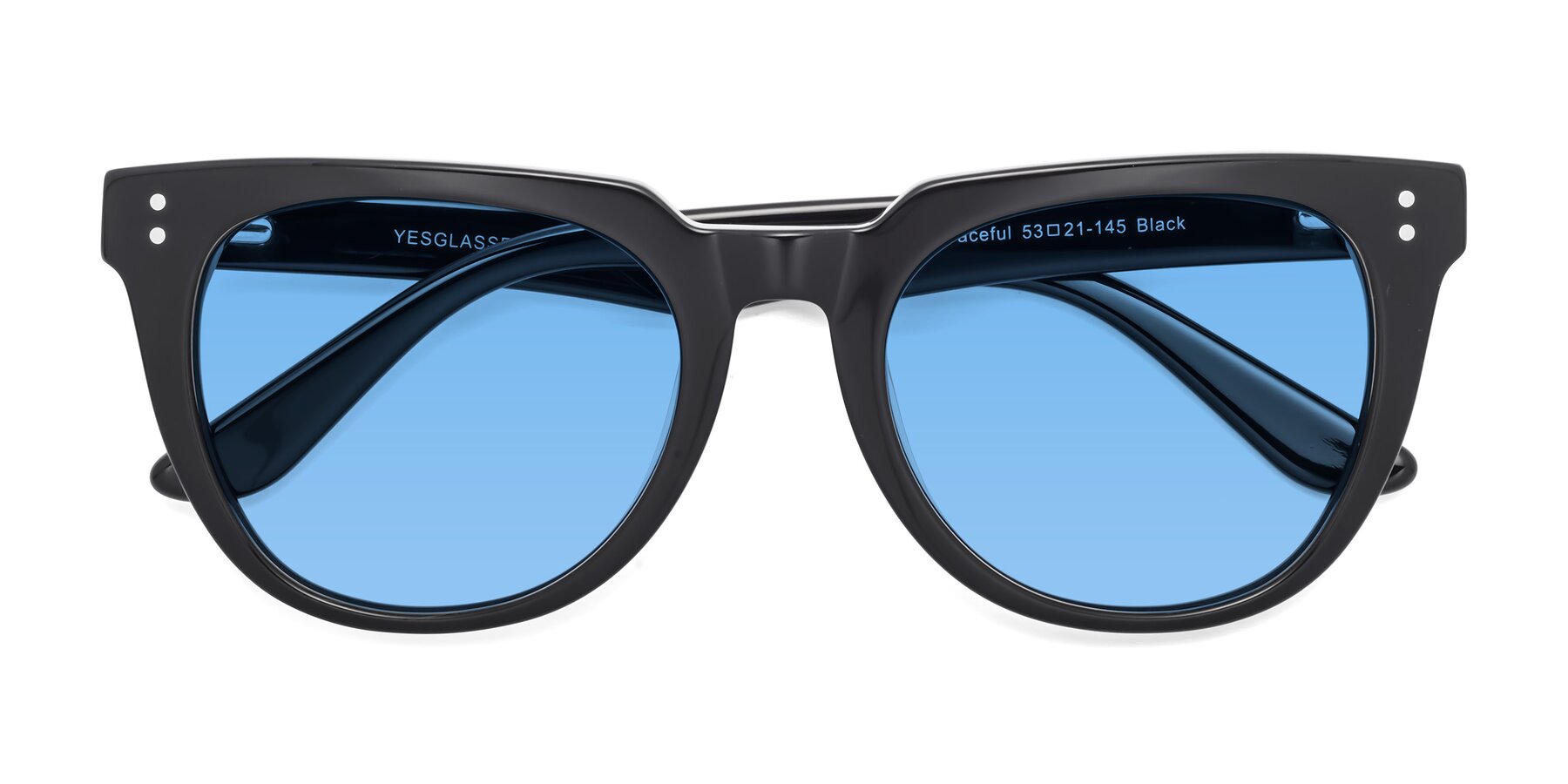 Folded Front of Graceful in Black with Medium Blue Tinted Lenses