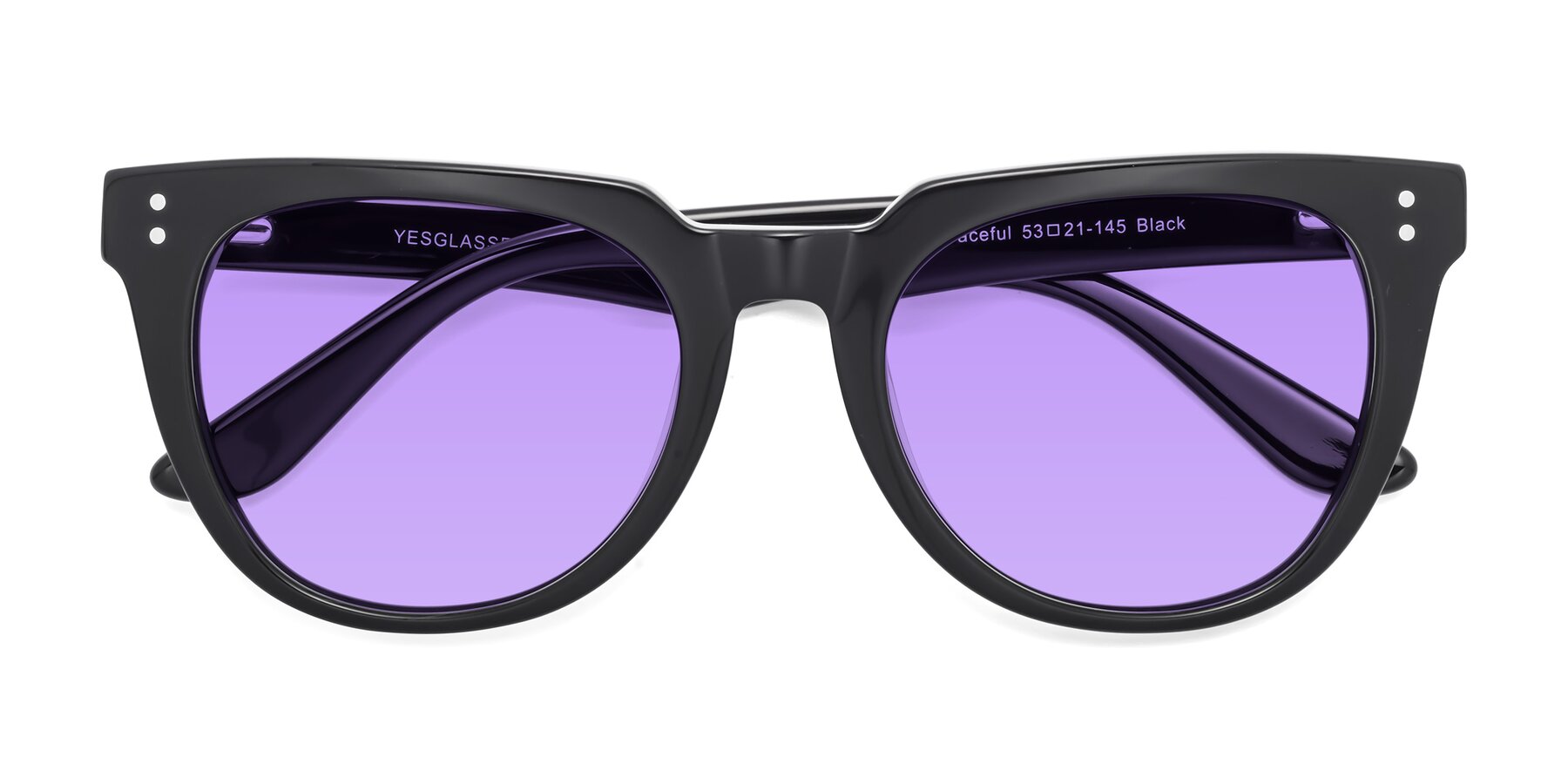Folded Front of Graceful in Black with Medium Purple Tinted Lenses