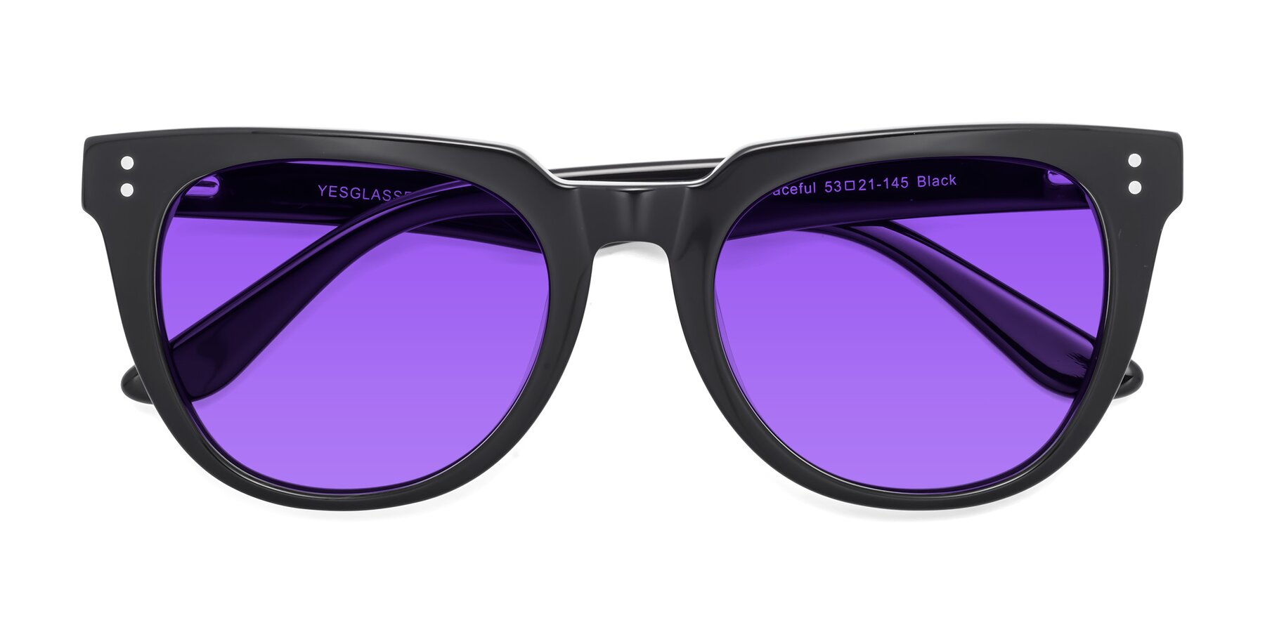 Folded Front of Graceful in Black with Purple Tinted Lenses