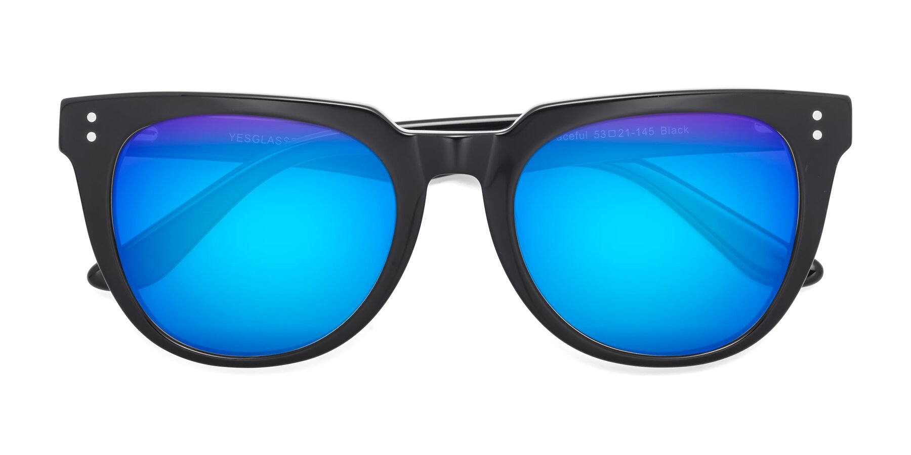 Folded Front of Graceful in Black with Blue Mirrored Lenses