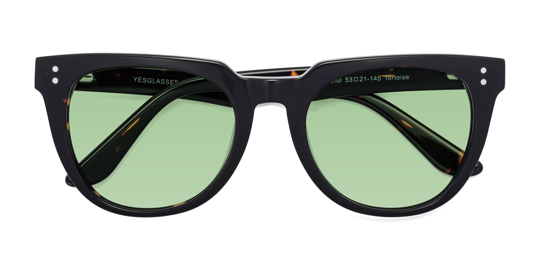 Folded Front of Graceful in Tortoise with Medium Green Tinted Lenses