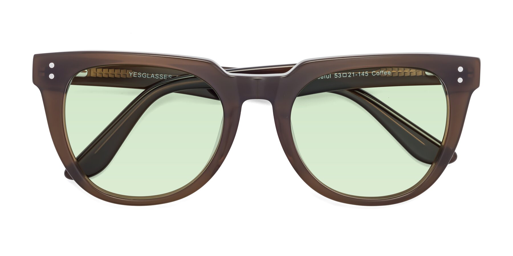 Folded Front of Graceful in Coffee with Light Green Tinted Lenses