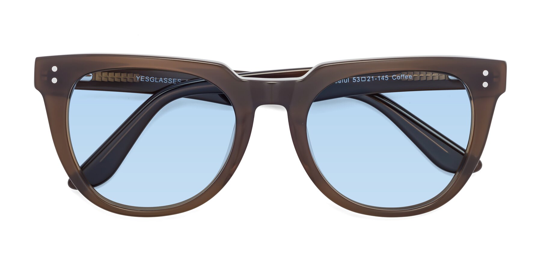 Folded Front of Graceful in Coffee with Light Blue Tinted Lenses