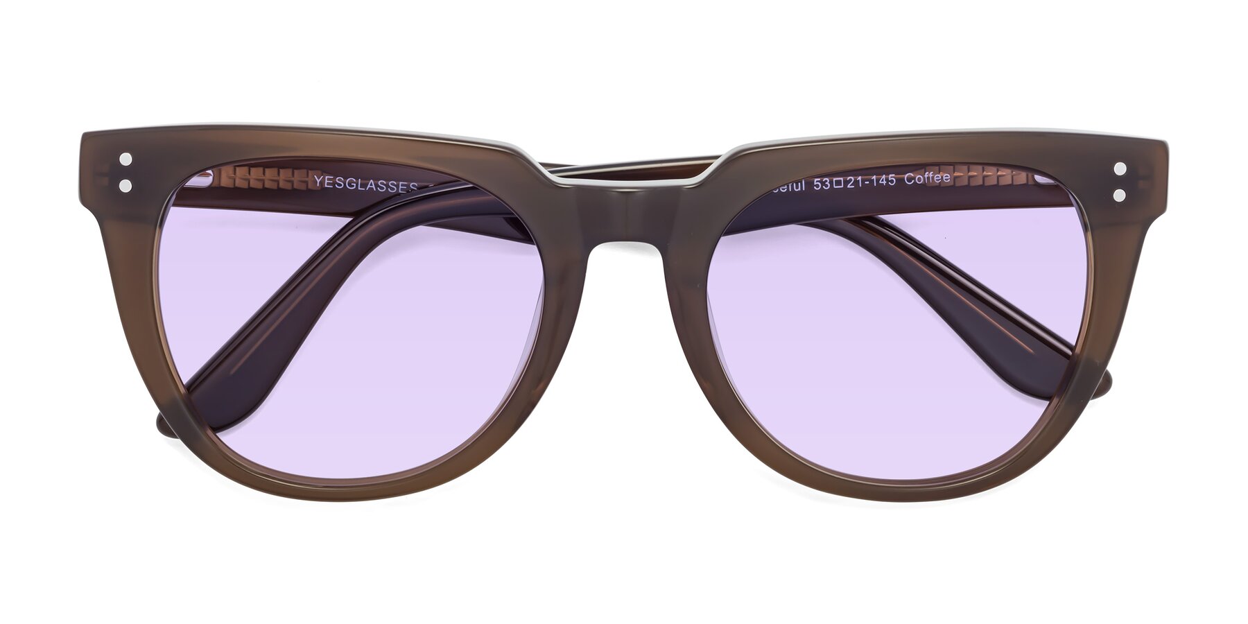Folded Front of Graceful in Coffee with Light Purple Tinted Lenses