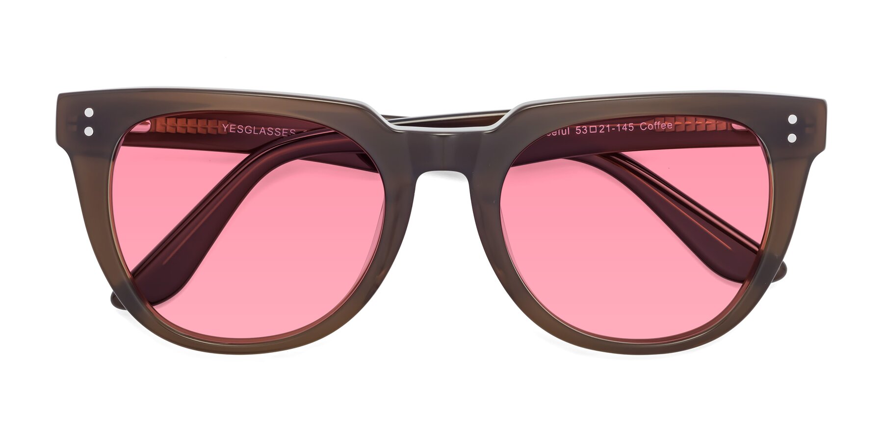 Folded Front of Graceful in Coffee with Pink Tinted Lenses