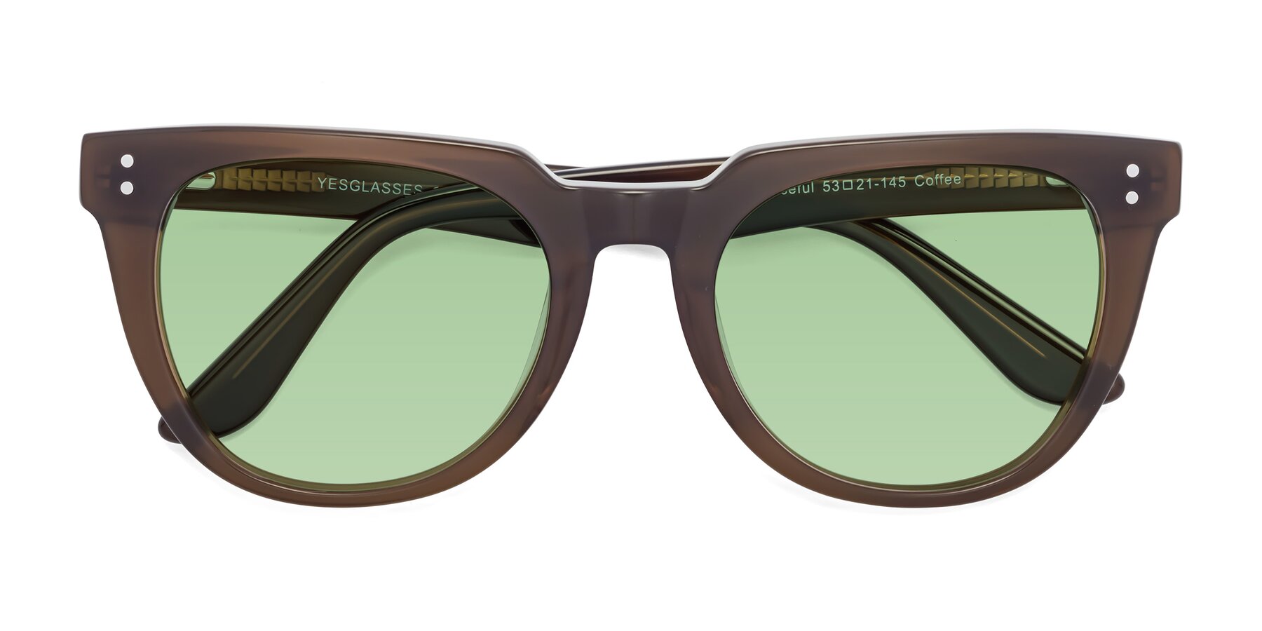 Folded Front of Graceful in Coffee with Medium Green Tinted Lenses