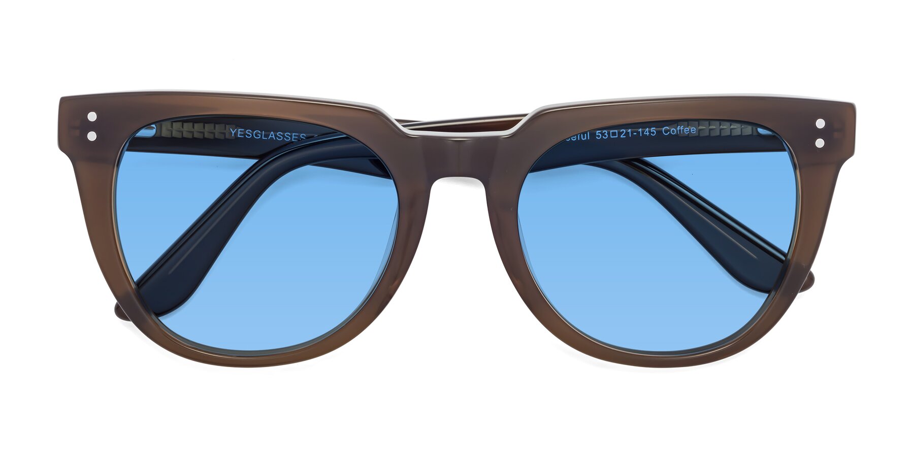 Folded Front of Graceful in Coffee with Medium Blue Tinted Lenses