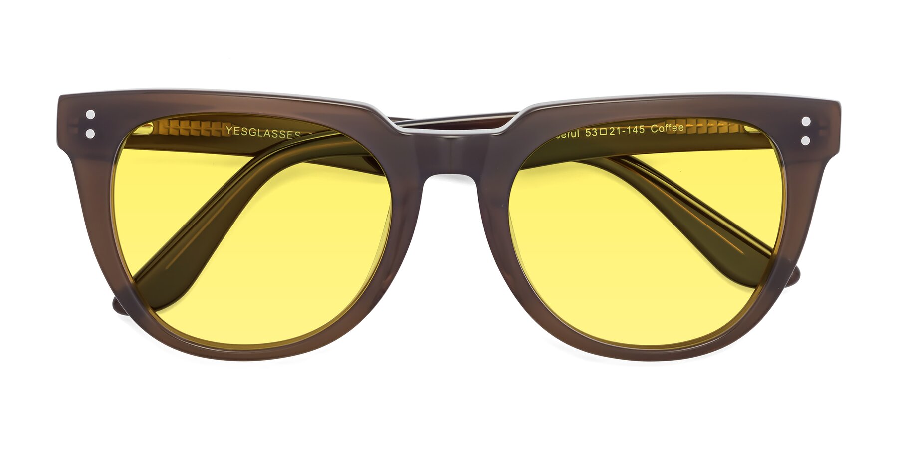 Folded Front of Graceful in Coffee with Medium Yellow Tinted Lenses