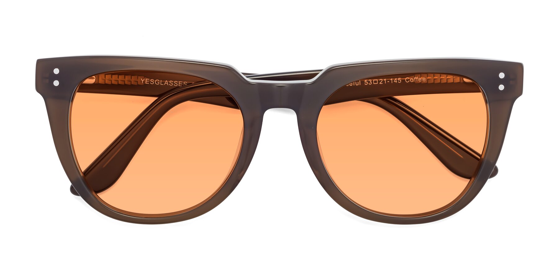Folded Front of Graceful in Coffee with Medium Orange Tinted Lenses