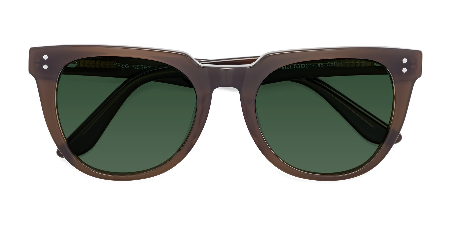 Folded Front of Graceful in Coffee with Green Tinted Lenses