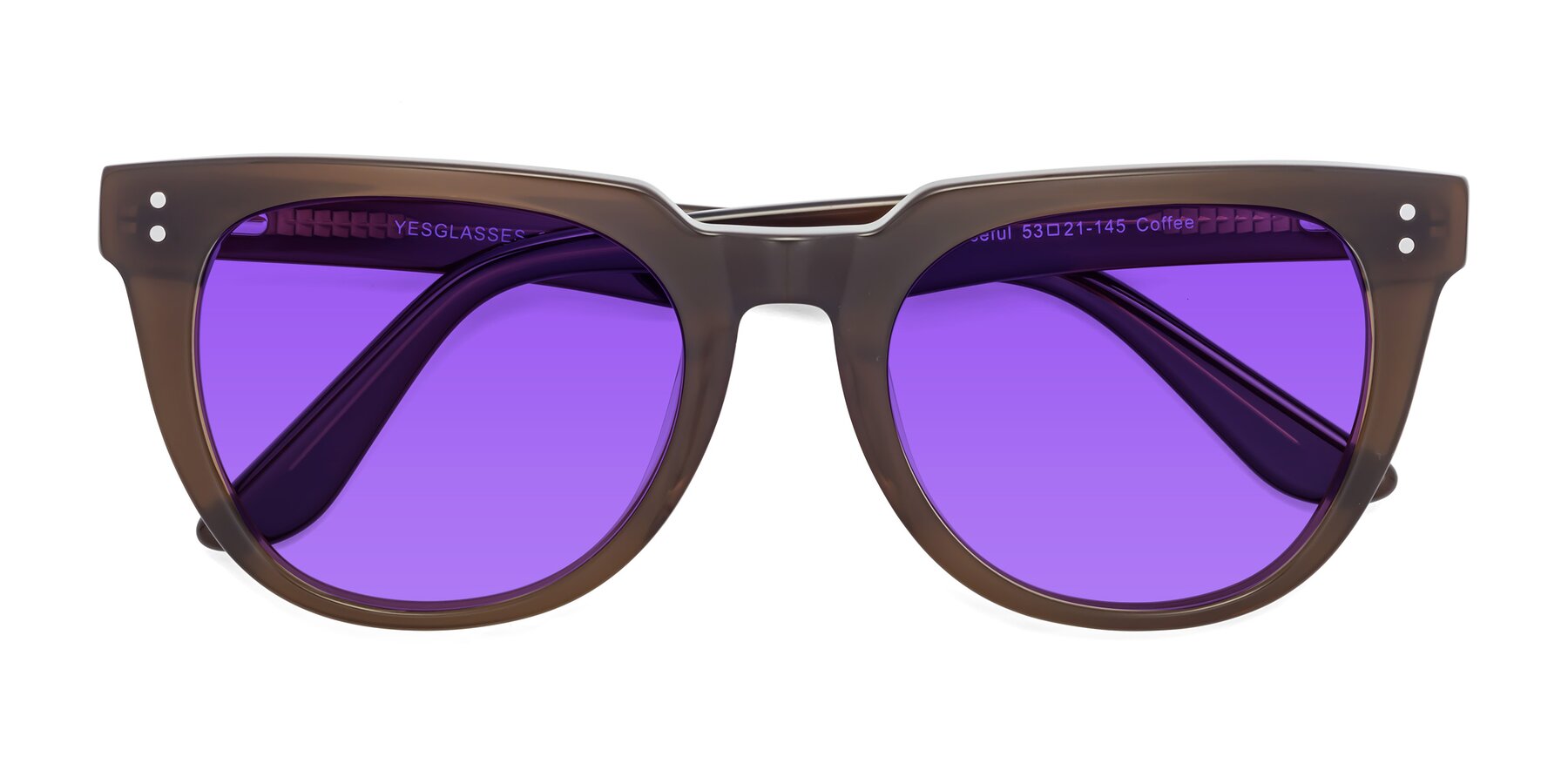 Folded Front of Graceful in Coffee with Purple Tinted Lenses