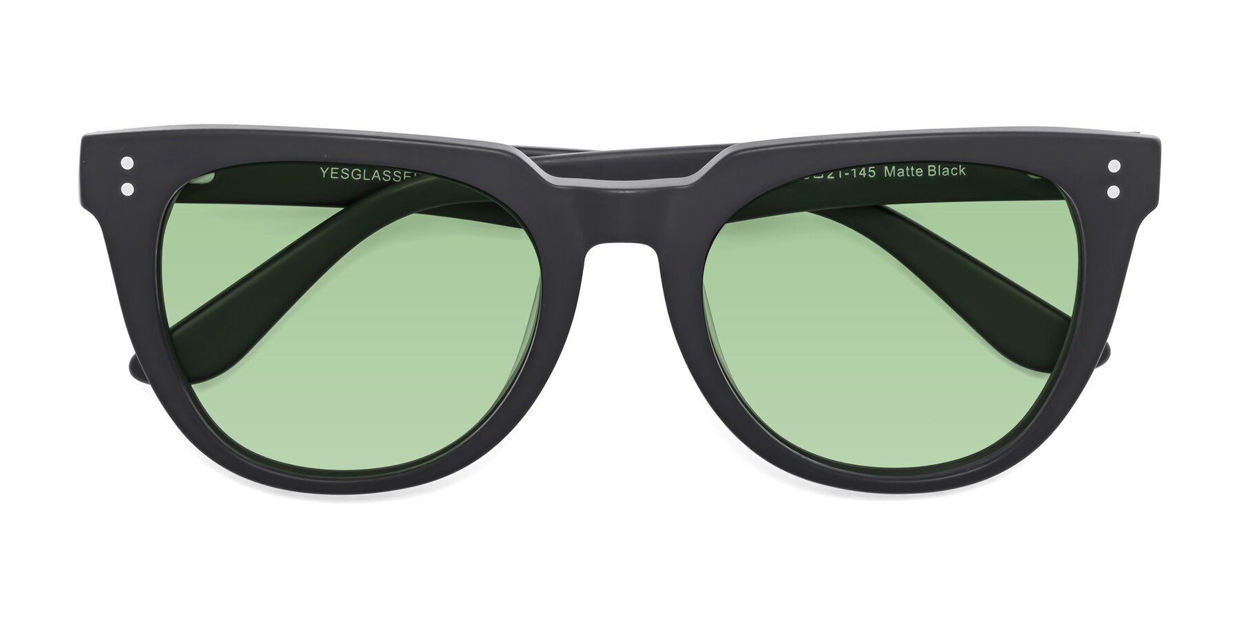 Folded Front of Graceful in Matte Black with Medium Green Tinted Lenses