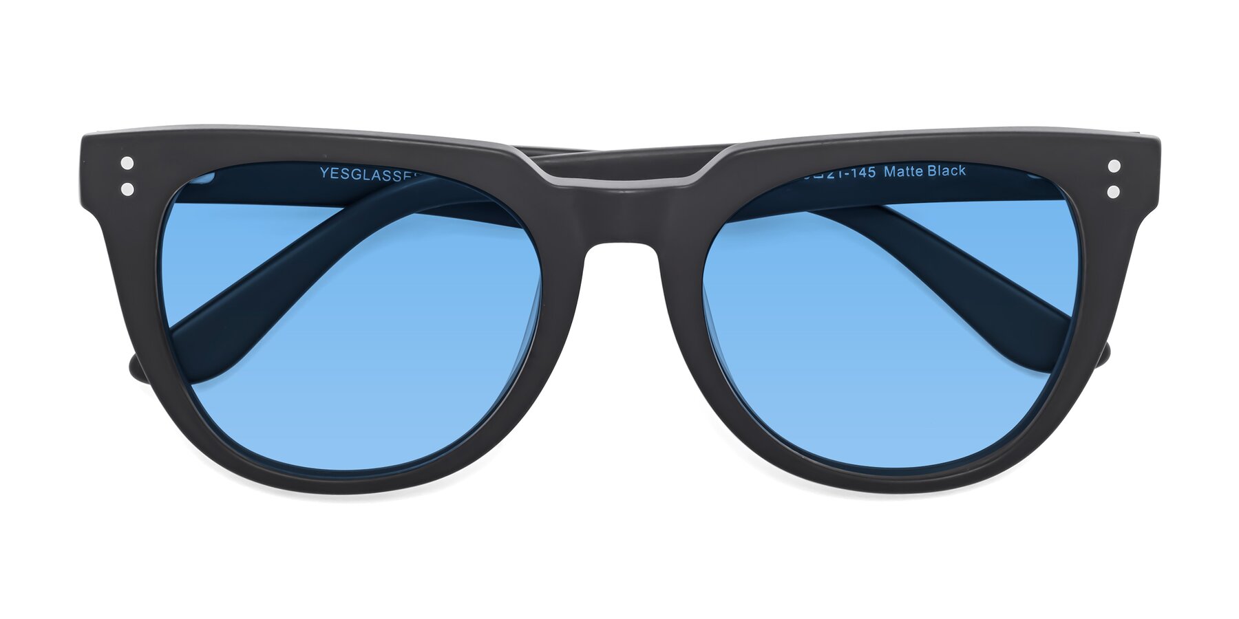 Folded Front of Graceful in Matte Black with Medium Blue Tinted Lenses