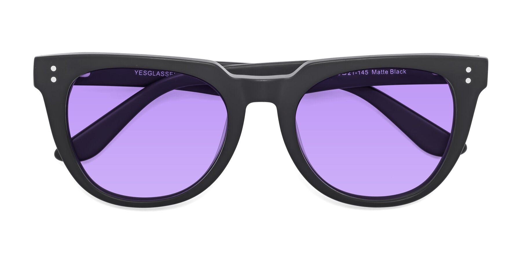 Folded Front of Graceful in Matte Black with Medium Purple Tinted Lenses