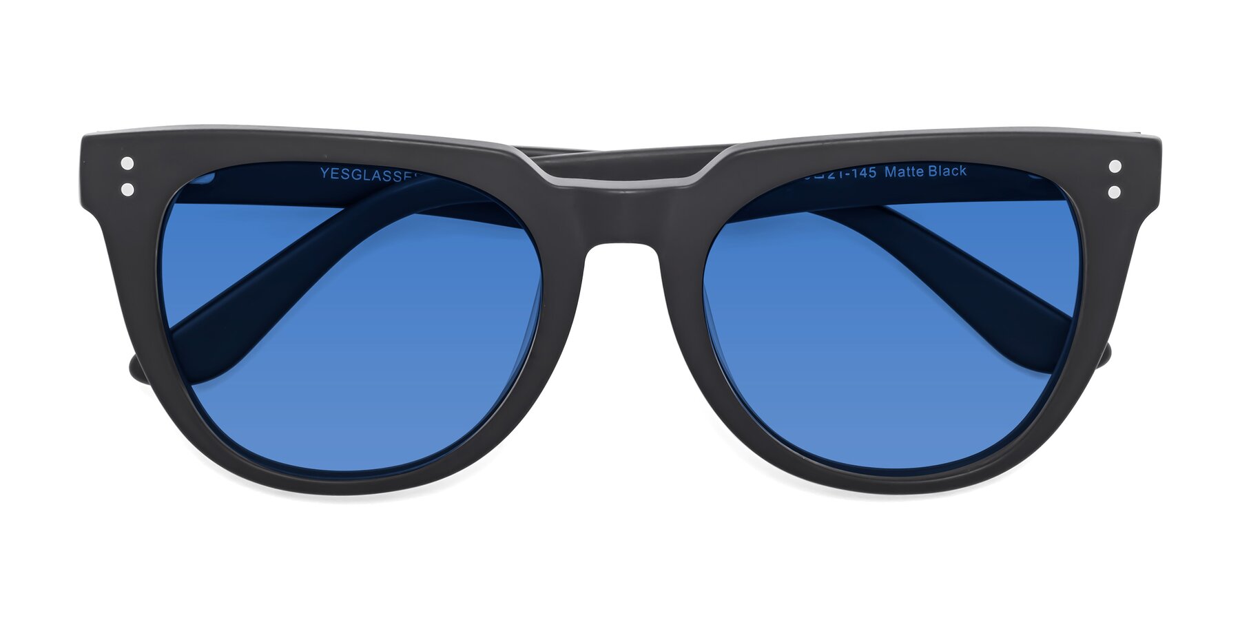 Folded Front of Graceful in Matte Black with Blue Tinted Lenses