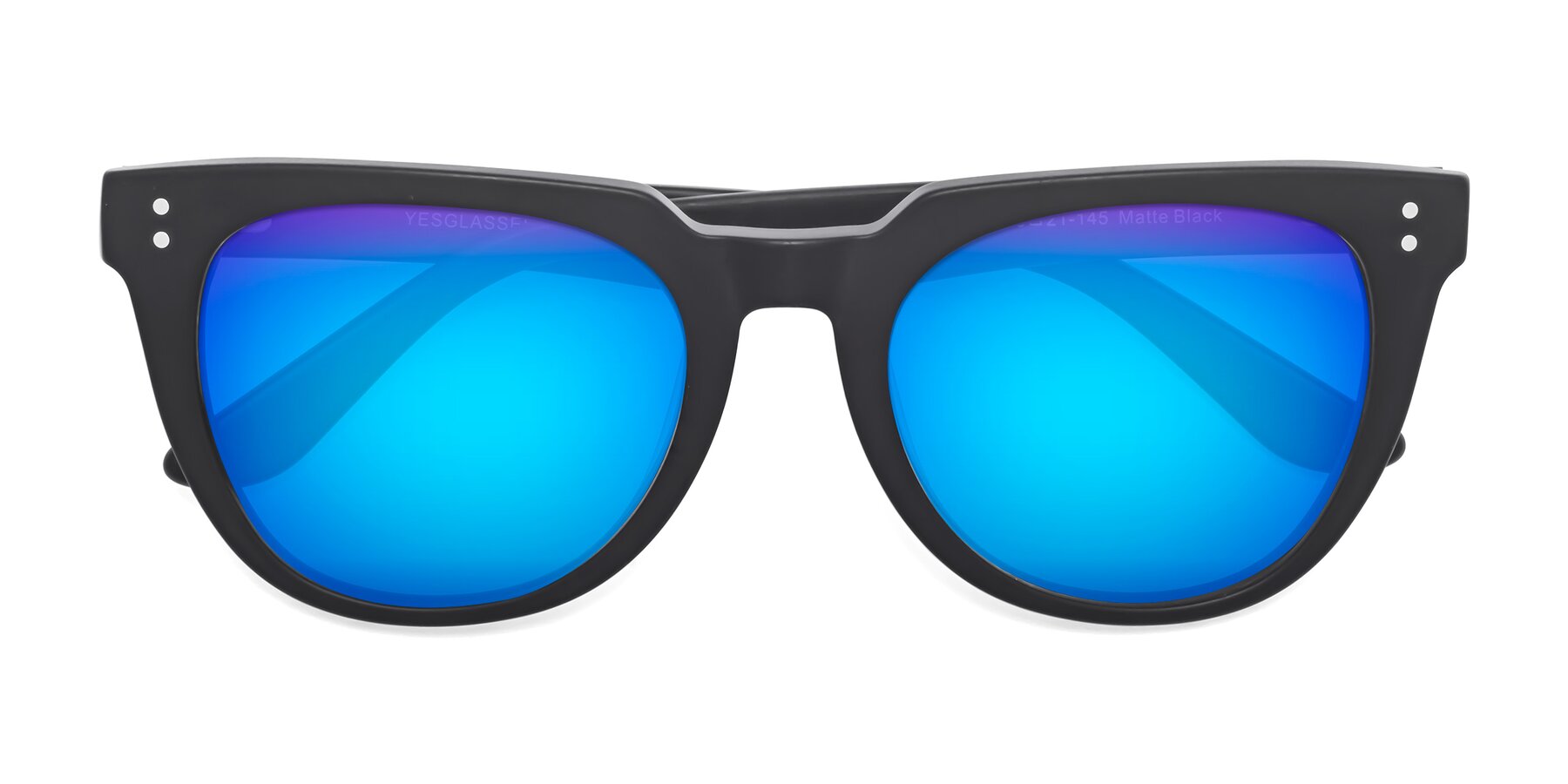 Folded Front of Graceful in Matte Black with Blue Mirrored Lenses
