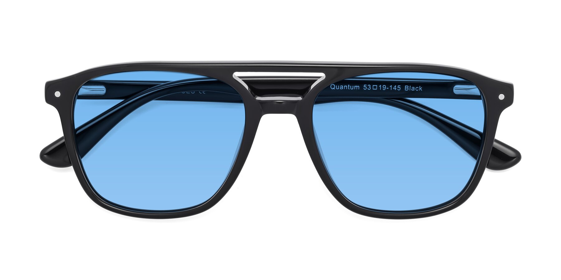 Folded Front of Quantum in Black with Medium Blue Tinted Lenses