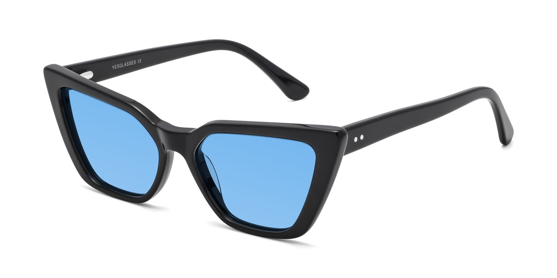 Angle of Bowtie in Black with Medium Blue Tinted Lenses