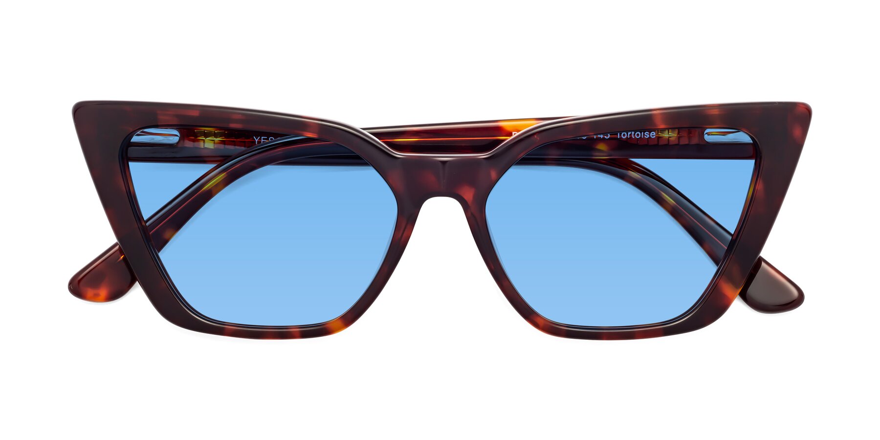 Folded Front of Bowtie in Tortoise with Medium Blue Tinted Lenses