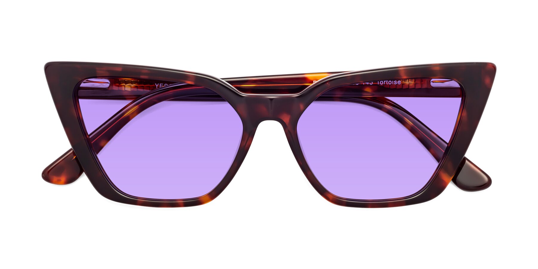 Folded Front of Bowtie in Tortoise with Medium Purple Tinted Lenses