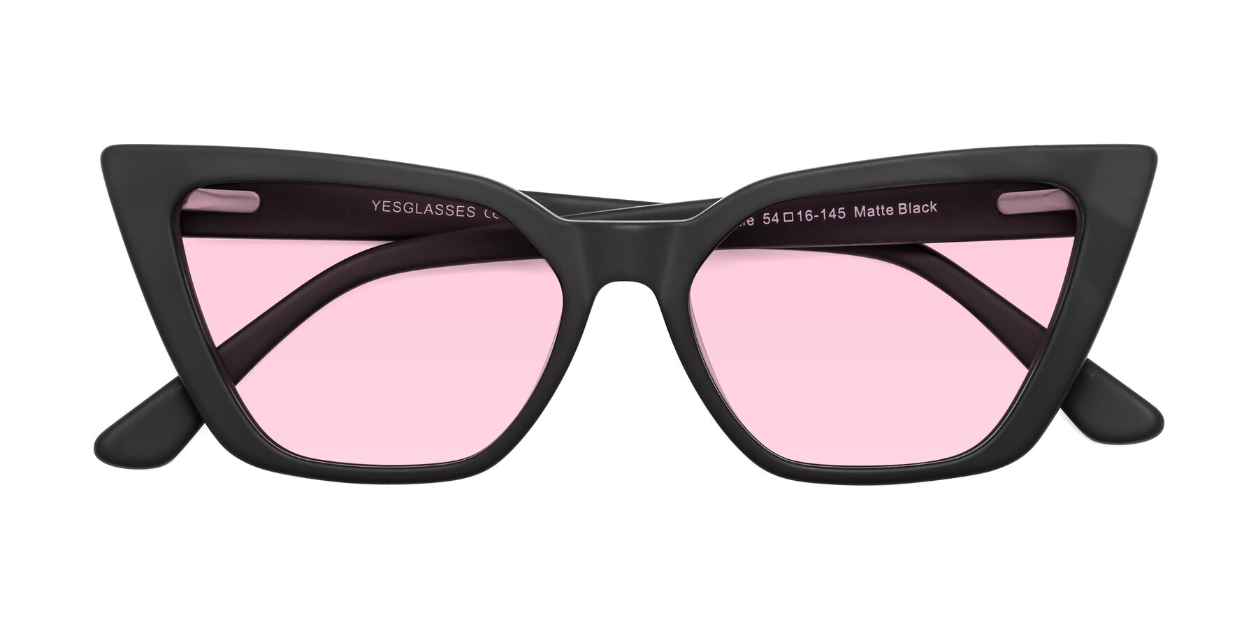 Folded Front of Bowtie in Matte Black with Light Pink Tinted Lenses