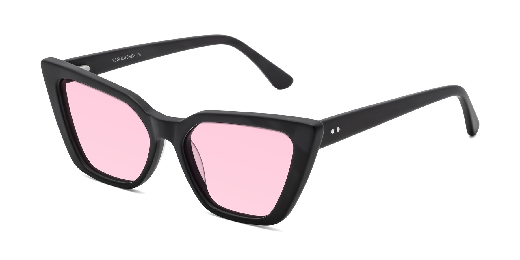 Angle of Bowtie in Matte Black with Light Pink Tinted Lenses