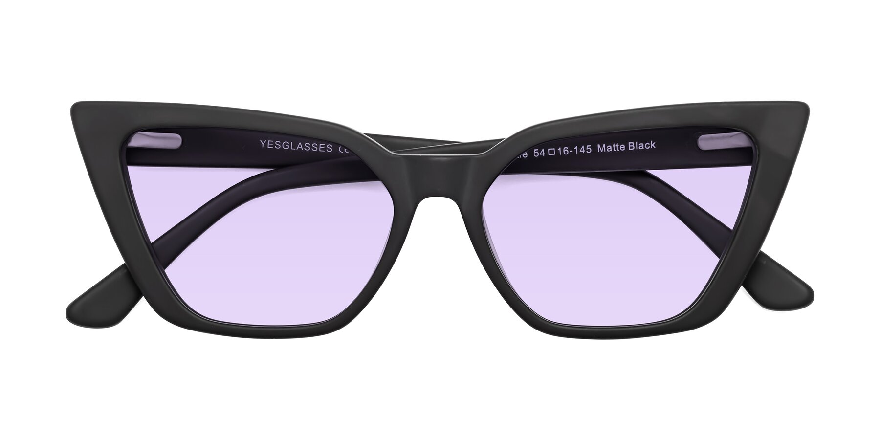 Folded Front of Bowtie in Matte Black with Light Purple Tinted Lenses
