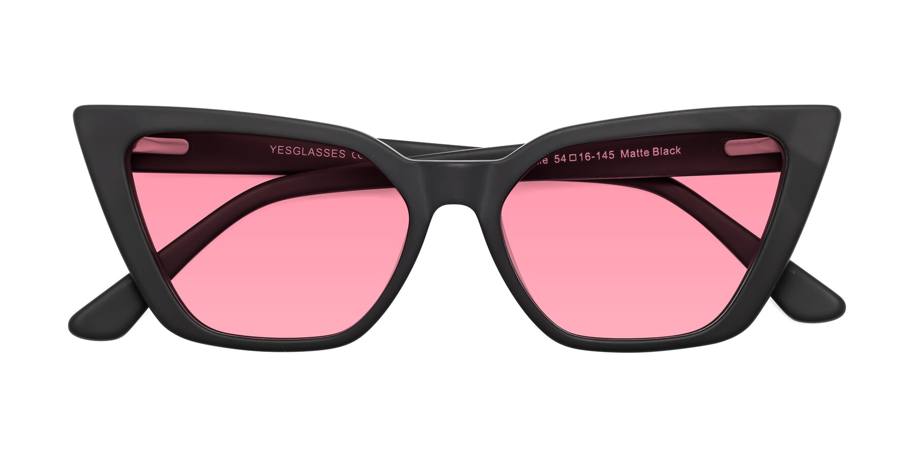 Folded Front of Bowtie in Matte Black with Pink Tinted Lenses
