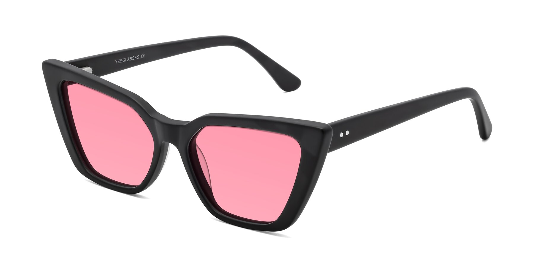 Angle of Bowtie in Matte Black with Pink Tinted Lenses