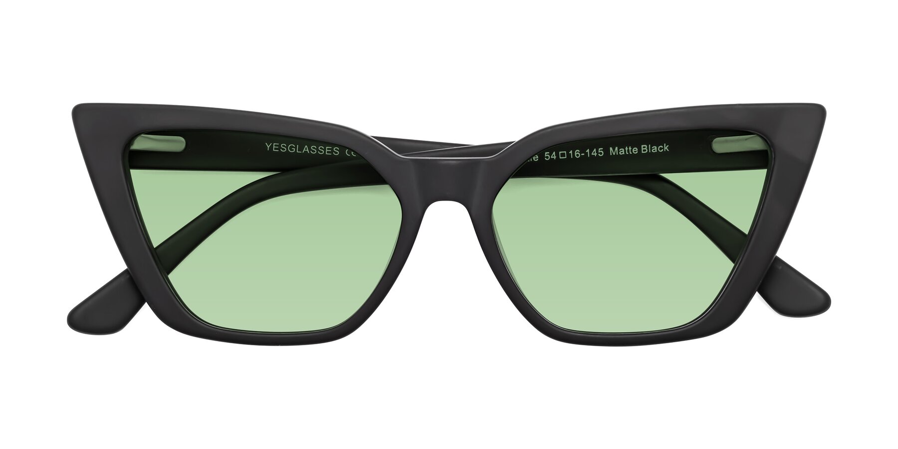 Folded Front of Bowtie in Matte Black with Medium Green Tinted Lenses