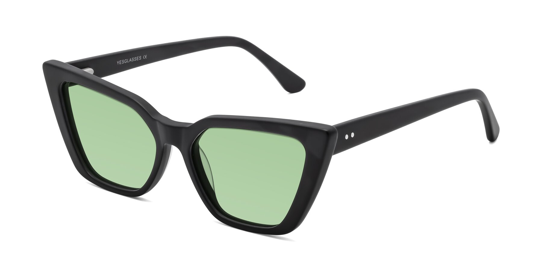 Angle of Bowtie in Matte Black with Medium Green Tinted Lenses