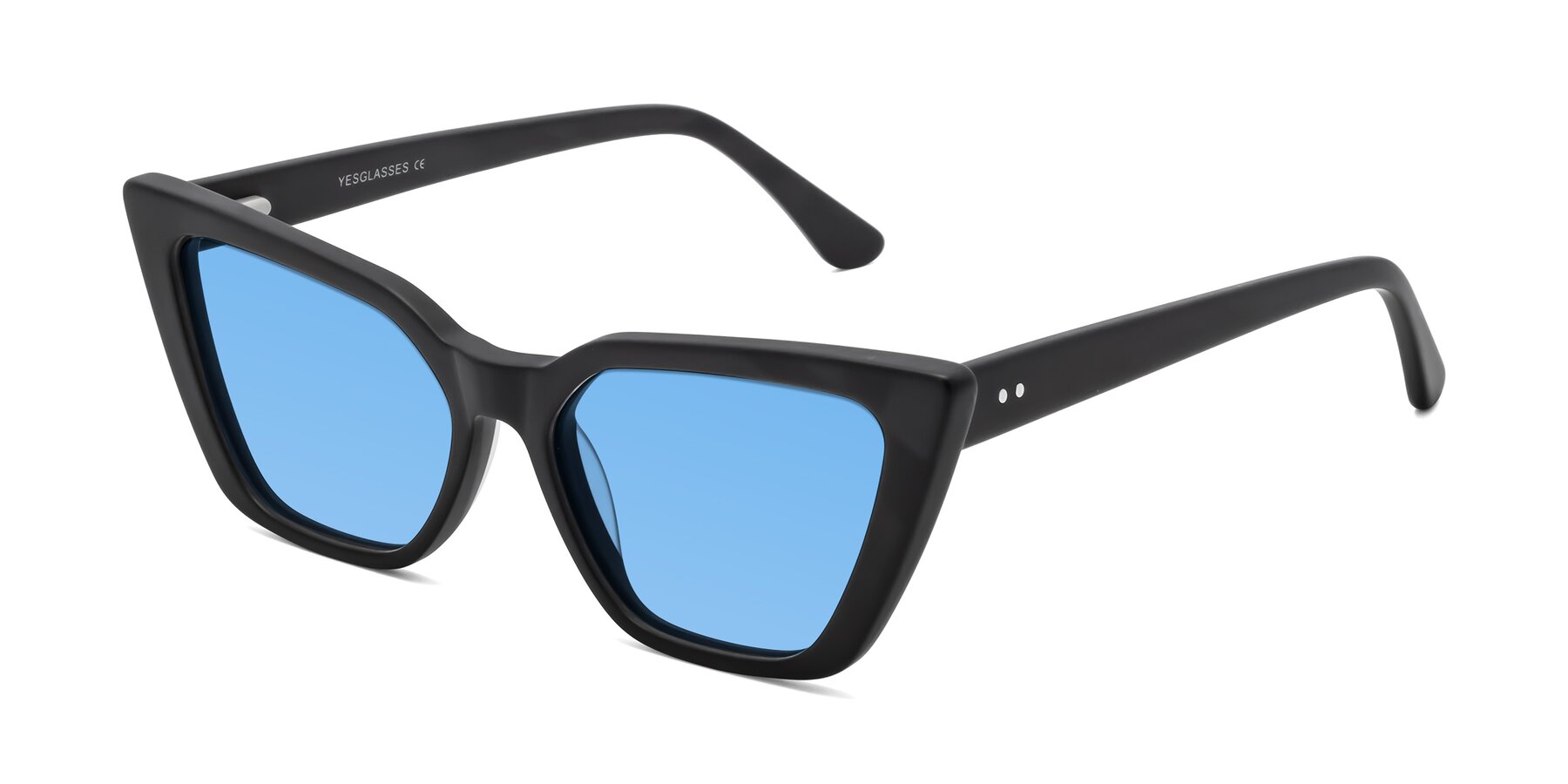 Angle of Bowtie in Matte Black with Medium Blue Tinted Lenses