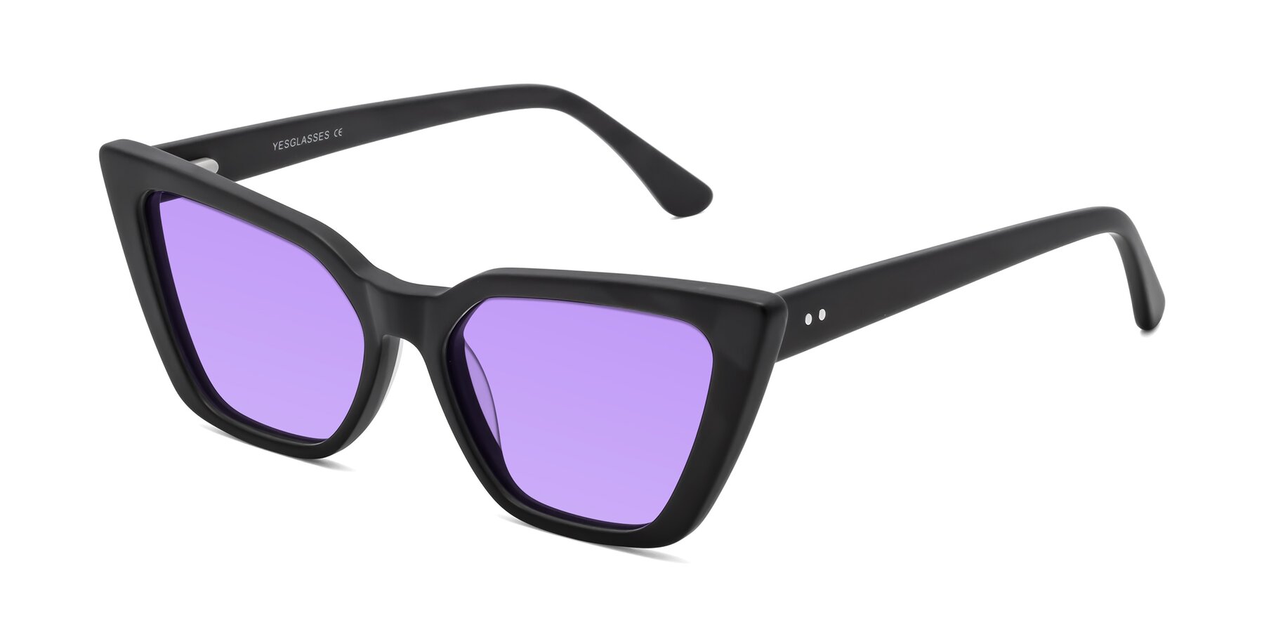 Angle of Bowtie in Matte Black with Medium Purple Tinted Lenses