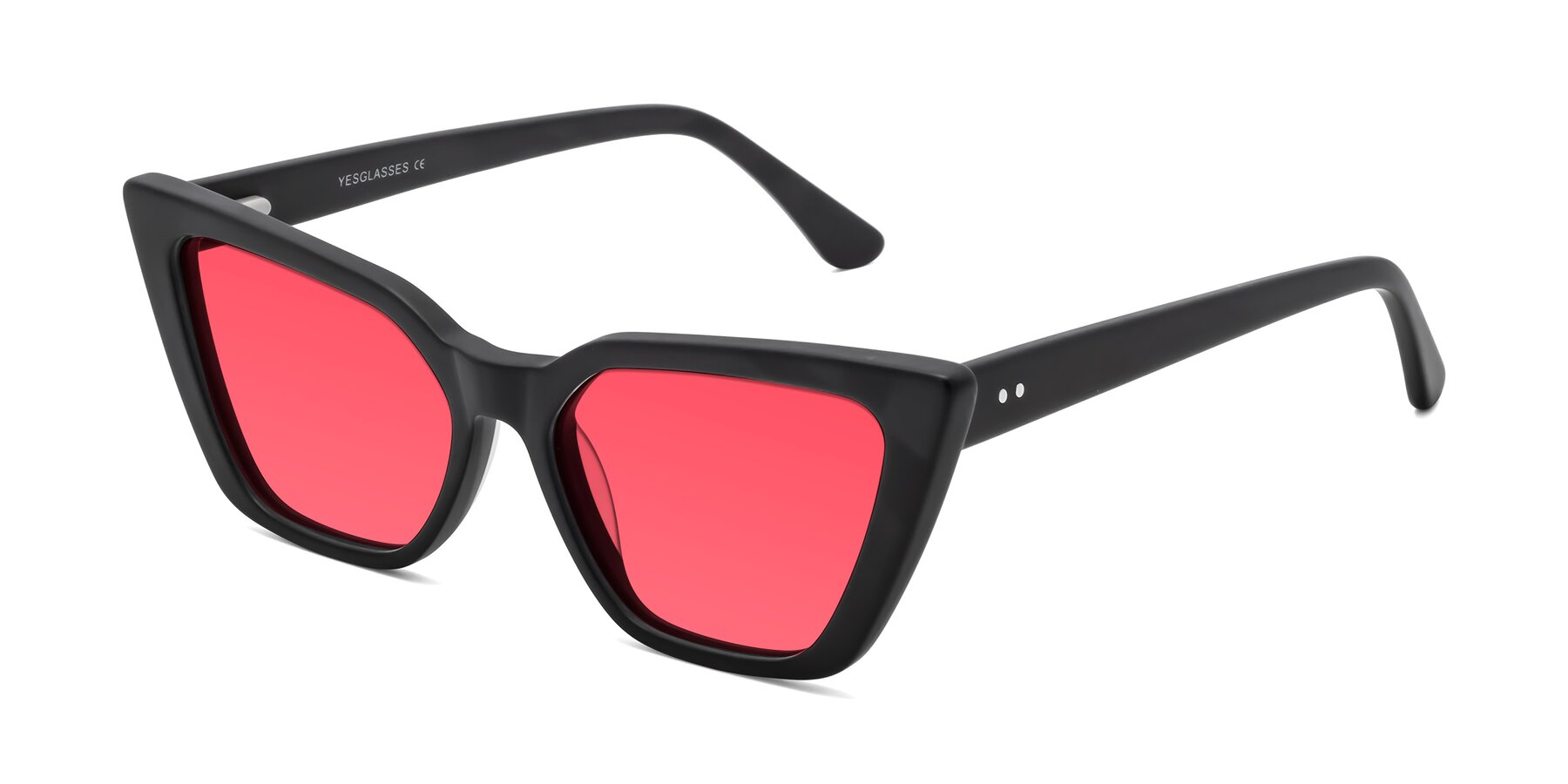 Angle of Bowtie in Matte Black with Red Tinted Lenses