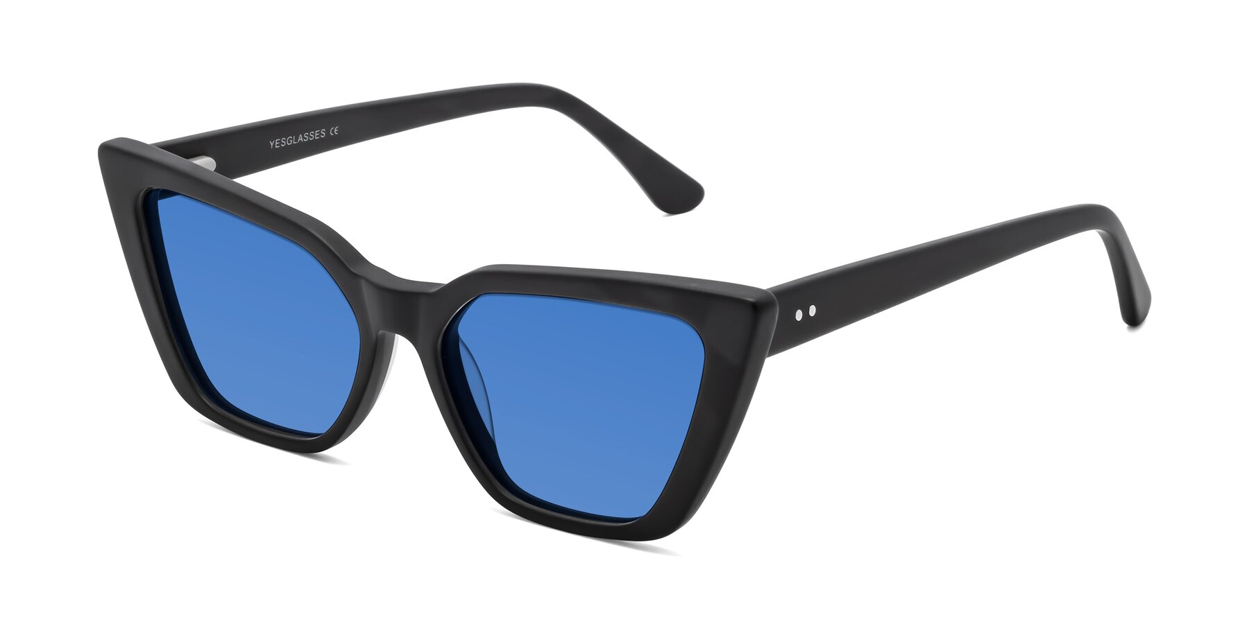 Angle of Bowtie in Matte Black with Blue Tinted Lenses