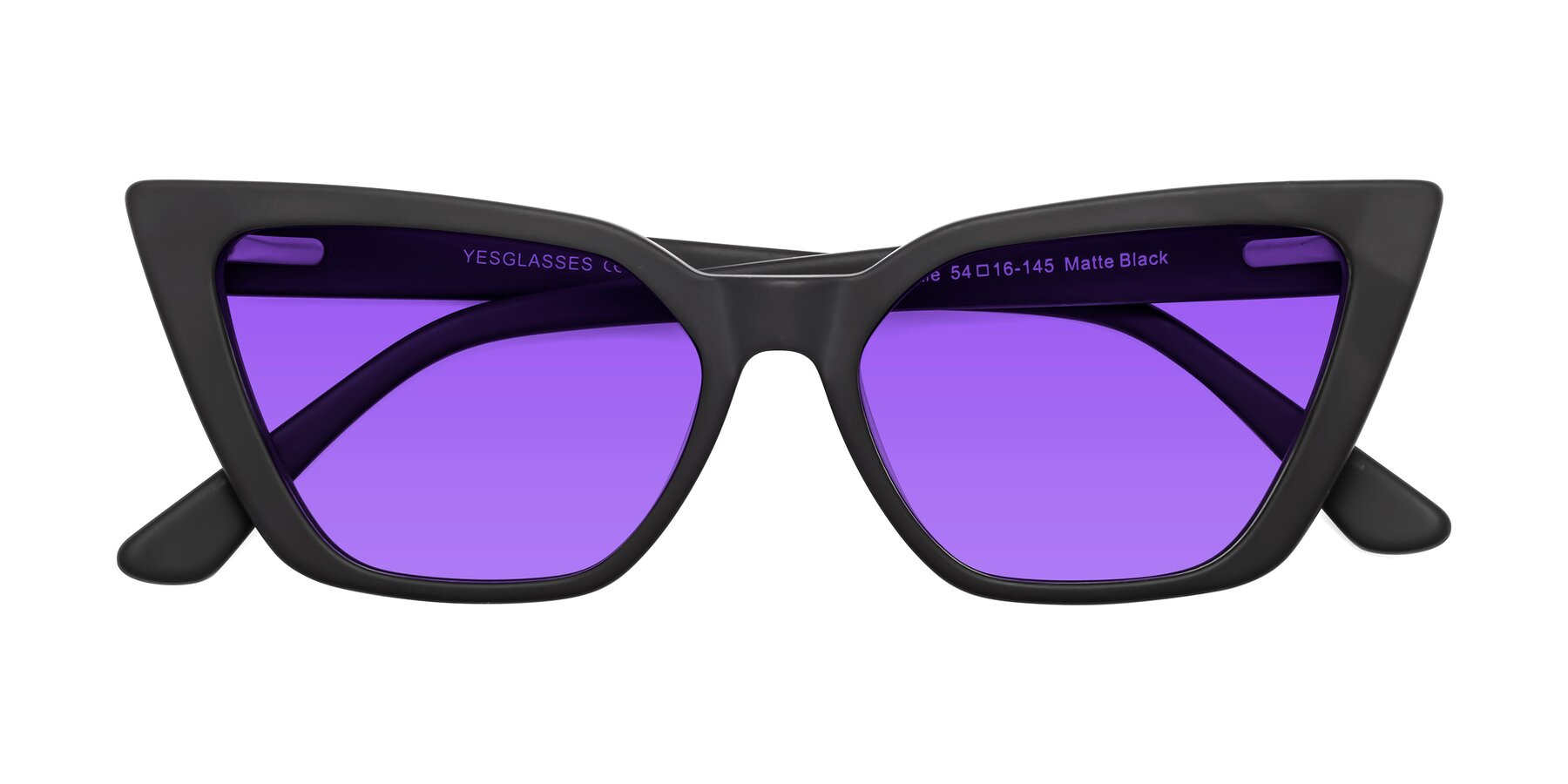 Folded Front of Bowtie in Matte Black with Purple Tinted Lenses