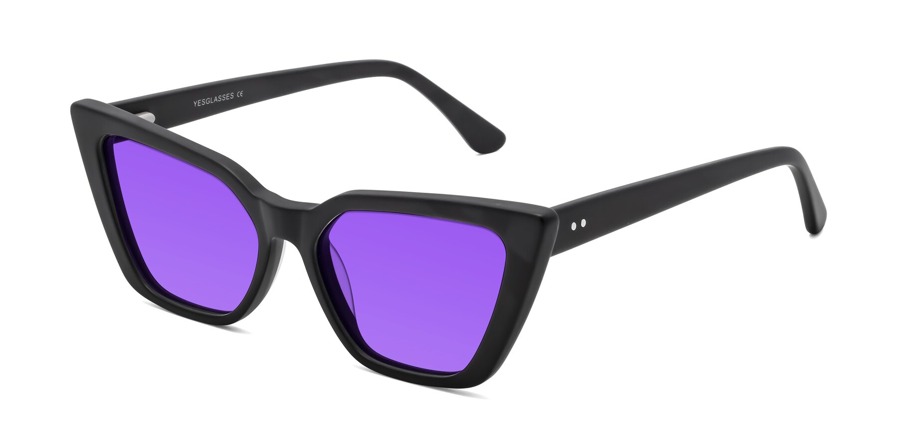 Angle of Bowtie in Matte Black with Purple Tinted Lenses