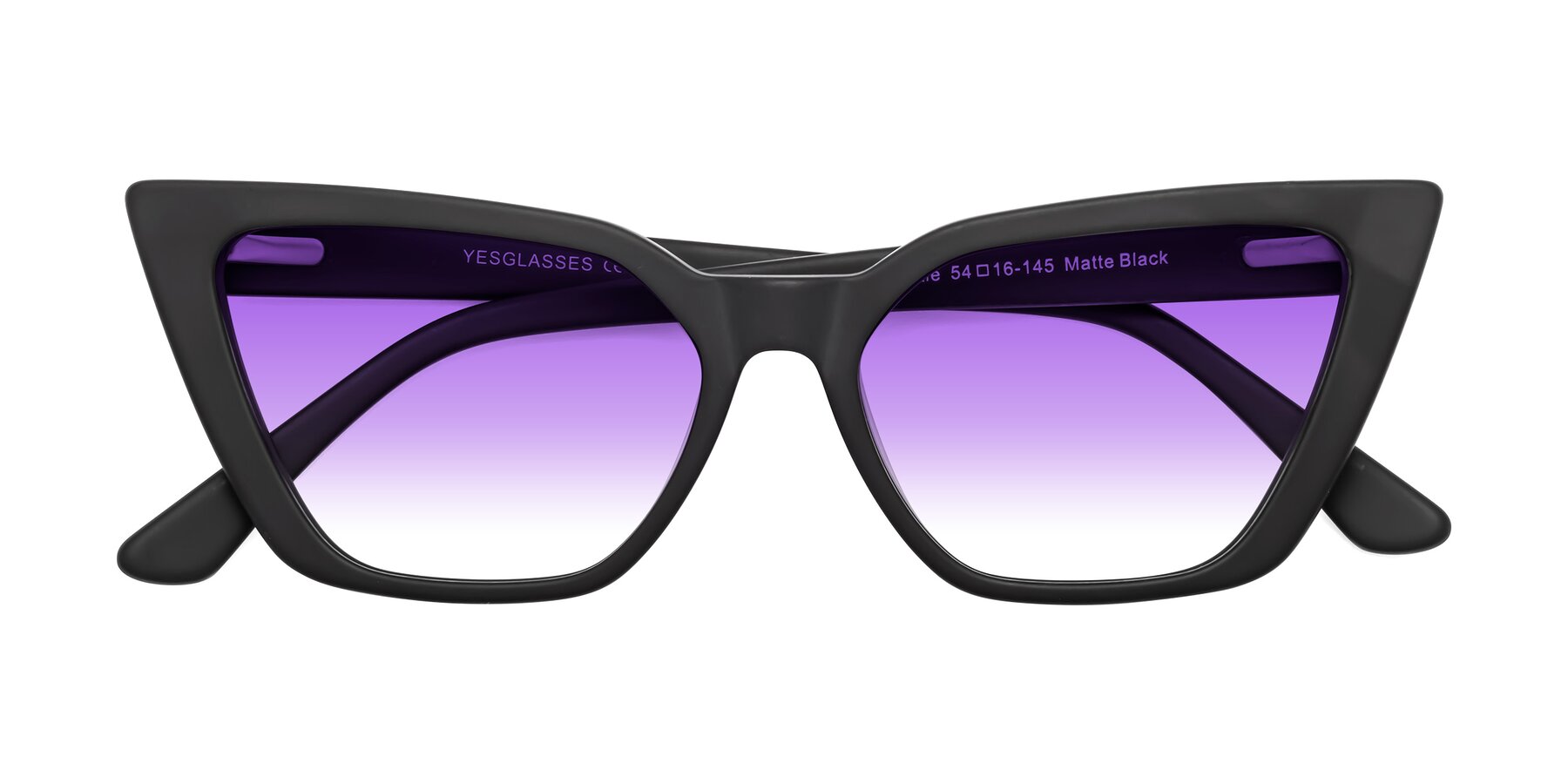 Folded Front of Bowtie in Matte Black with Purple Gradient Lenses