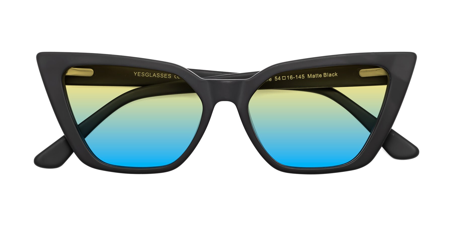 Folded Front of Bowtie in Matte Black with Yellow / Blue Gradient Lenses
