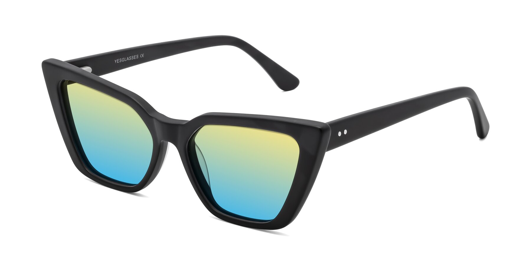 Angle of Bowtie in Matte Black with Yellow / Blue Gradient Lenses