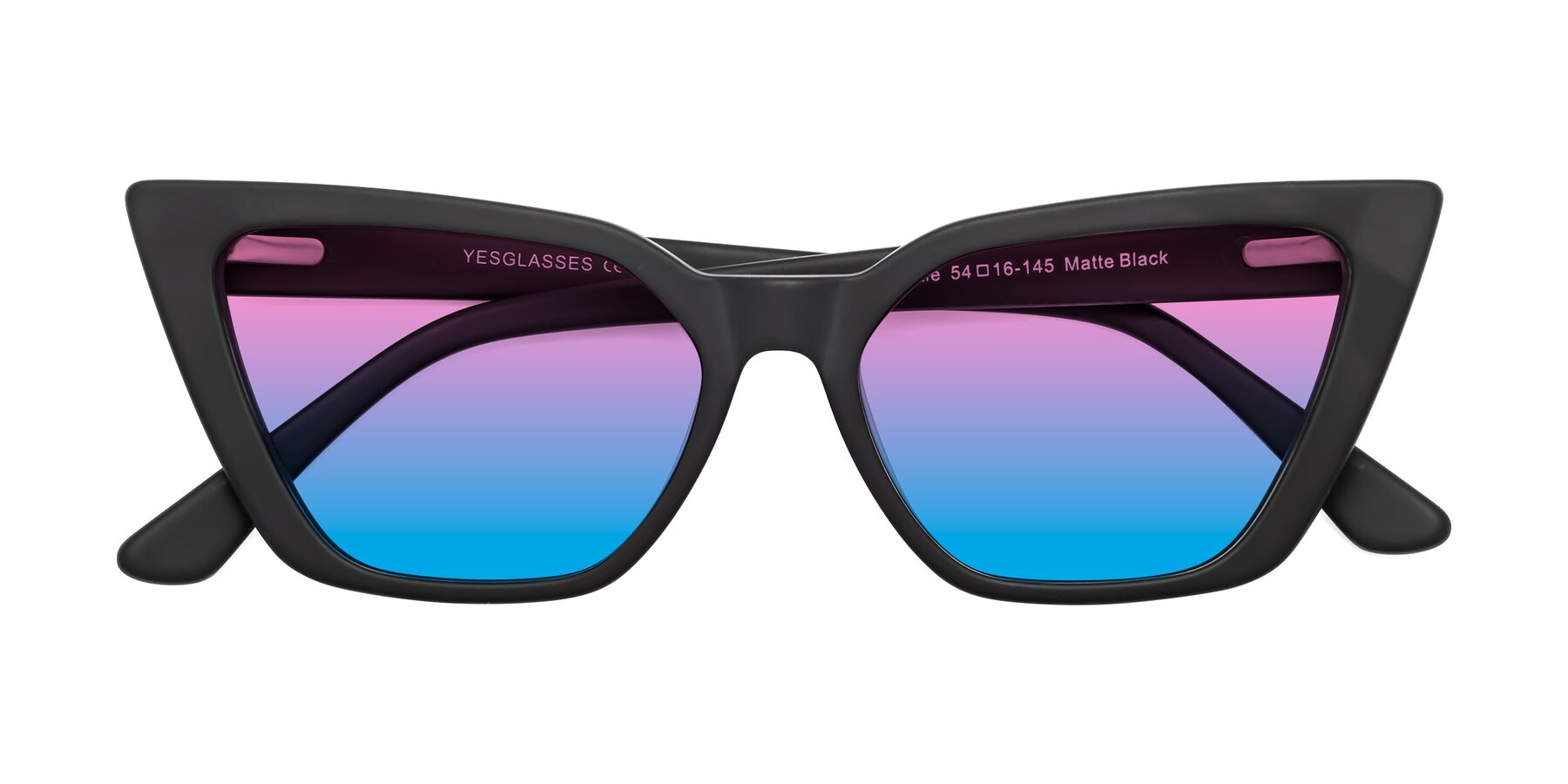 Folded Front of Bowtie in Matte Black with Pink / Blue Gradient Lenses