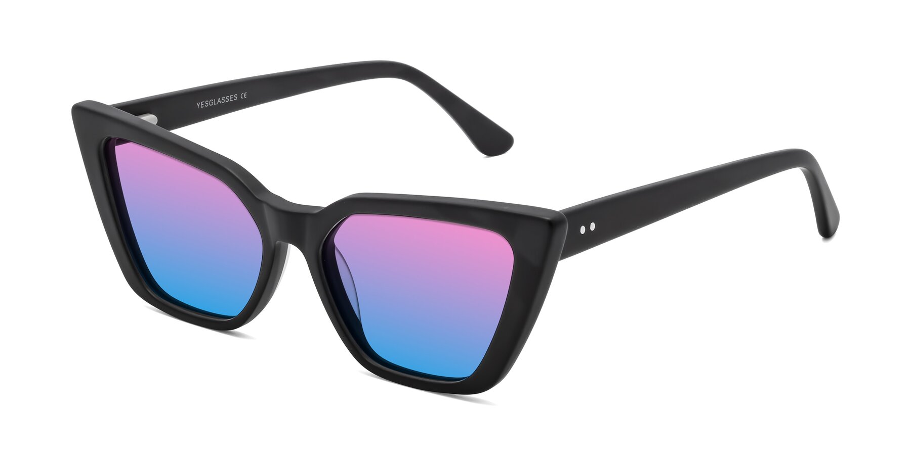 Angle of Bowtie in Matte Black with Pink / Blue Gradient Lenses