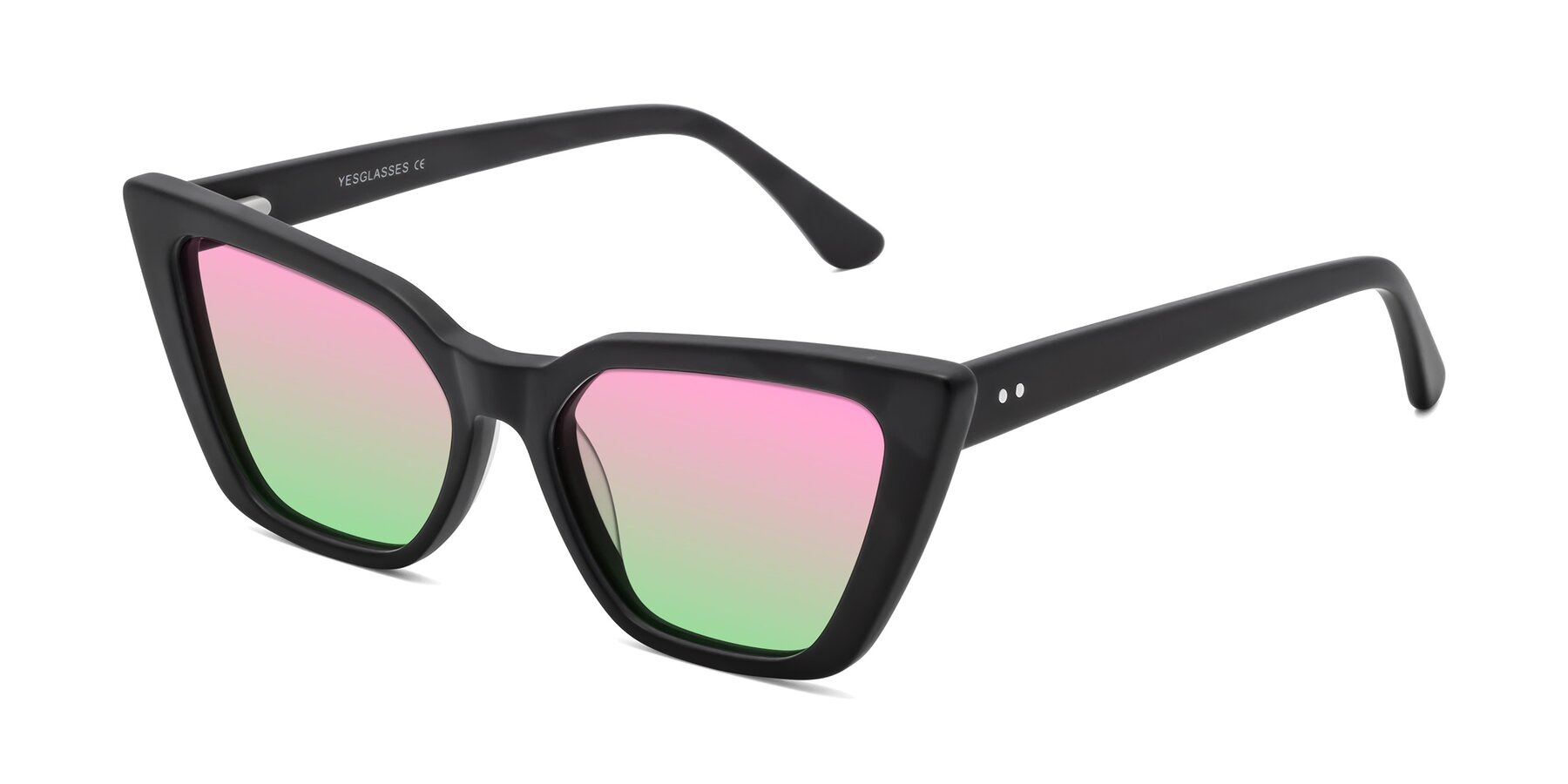 Angle of Bowtie in Matte Black with Pink / Green Gradient Lenses